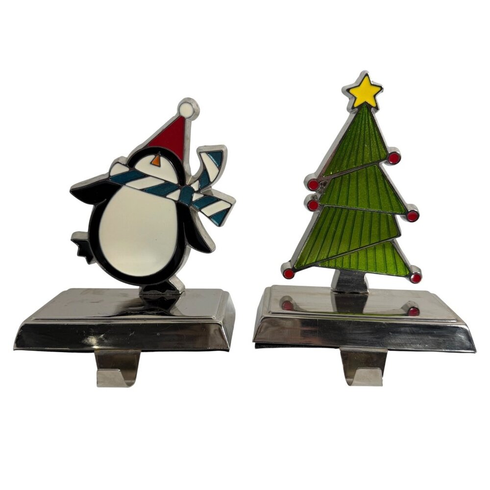 Lot of 2 Penguin + Christmas Tree Chrome Enamel Mantle Stocking Holders/Hangers